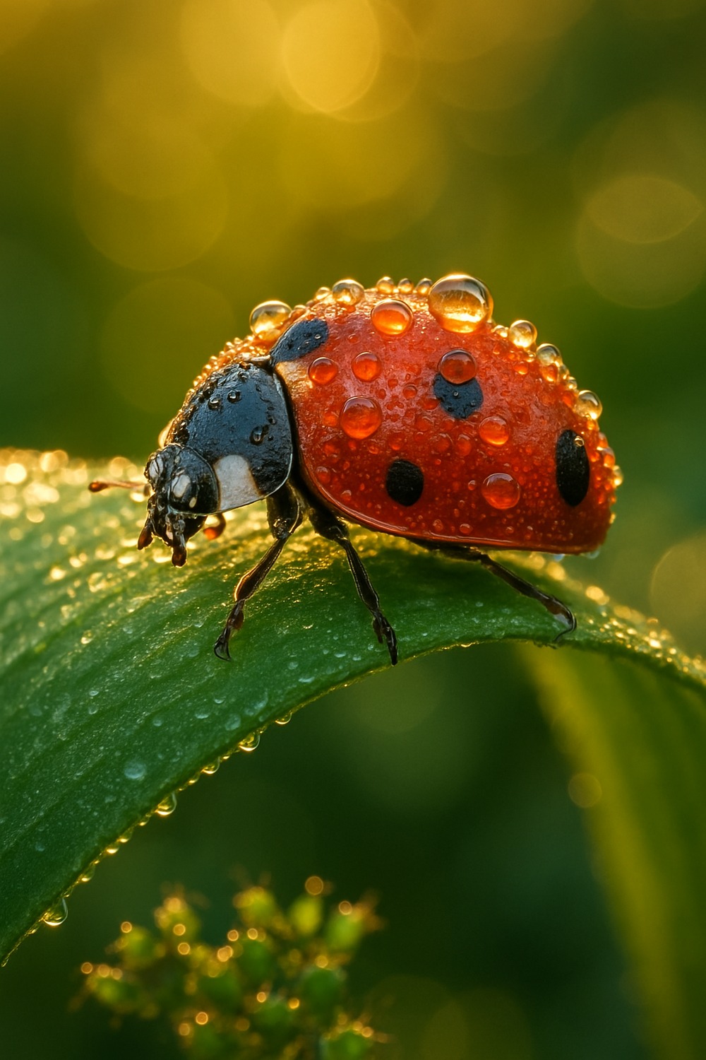 Macro close-up of a seven-spot ladybird on a dew-covered green leaf
