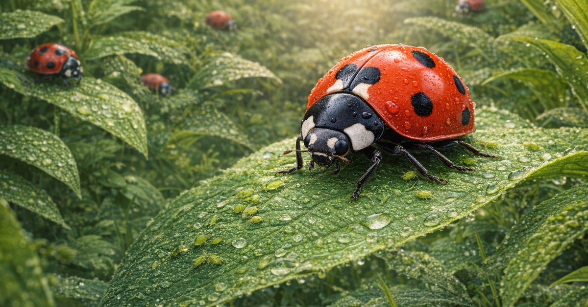 Ladybird beetle viewed from above on a leaf surrounded by tiny aphids