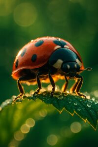 Seven-spot ladybird perched on a dew-covered green leaf in morning light