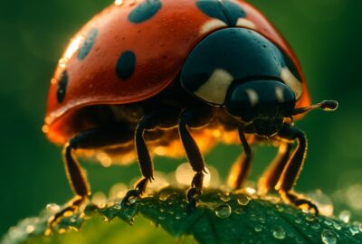 Seven-spot ladybird perched on a dew-covered green leaf in morning light