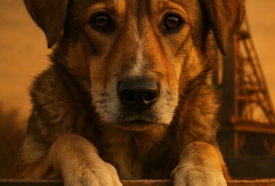 A mixed-breed dog rests paws on a Soviet-era metal capsule hatch at golden hour