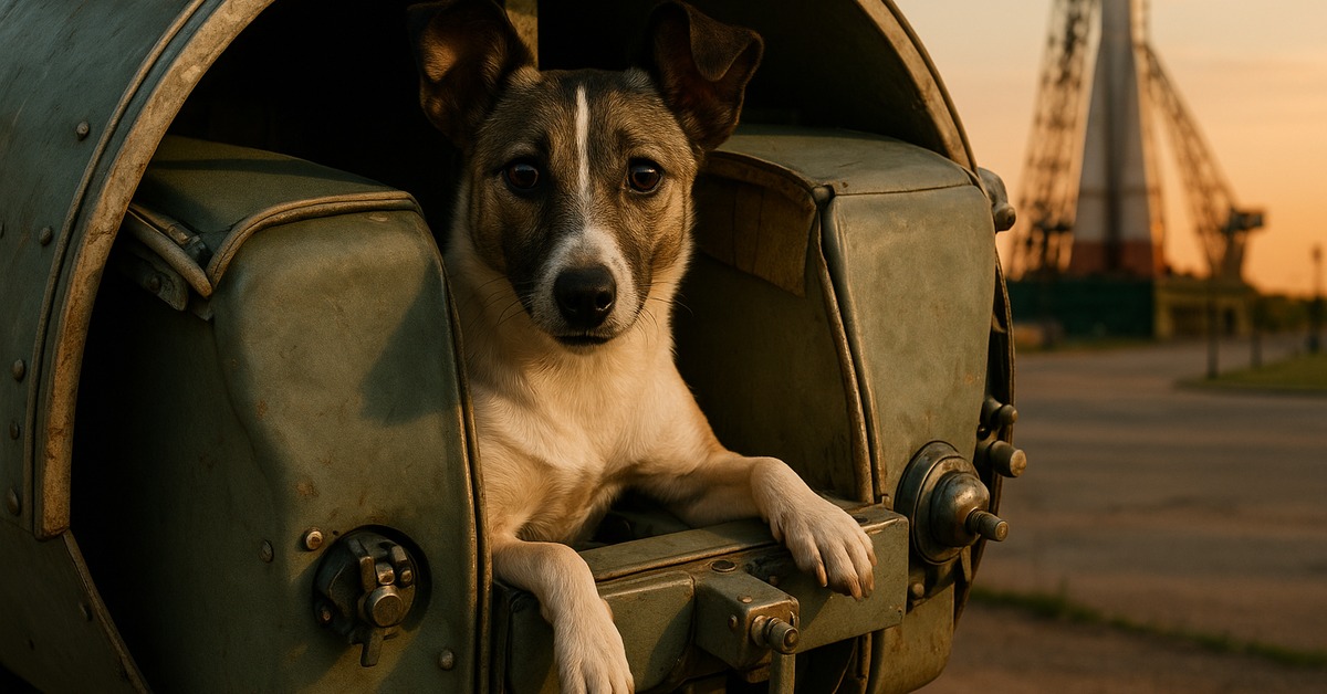 Stray dog beside aged riveted Soviet spacecraft capsule under warm twilight sky