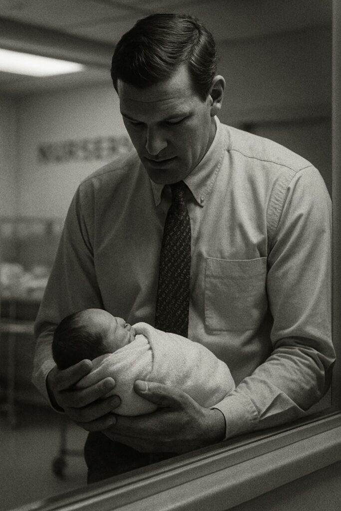 Muhammad Ali tenderly cradling newborn Laila Ali in hospital nursery black and white