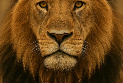 Dominant male African lion resting on a red-clay savanna dirt road facing camera