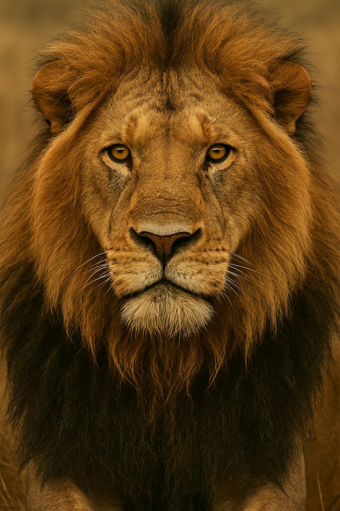 Dominant male African lion resting on a red-clay savanna dirt road facing camera