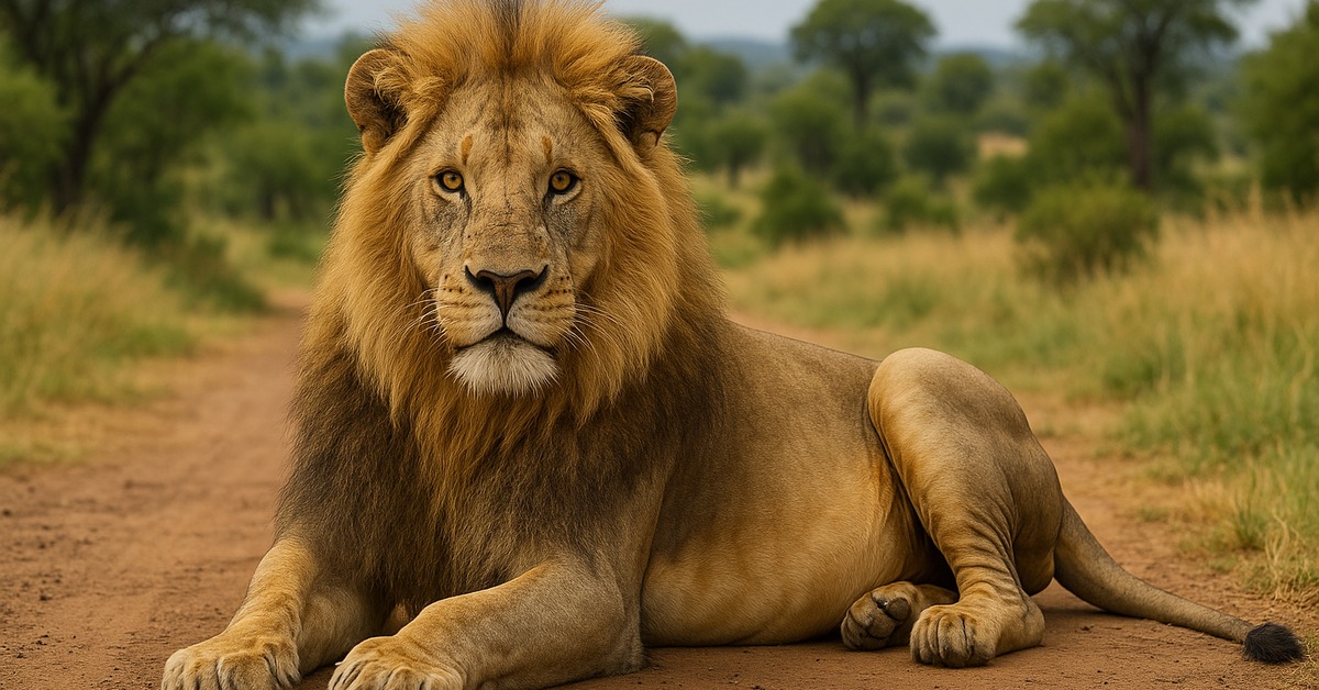 Male lion with golden mane walking through dry African savanna grassland at dusk