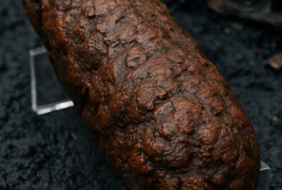 Large fossilized Viking Age coprolite displayed on acrylic supports at York excavation site