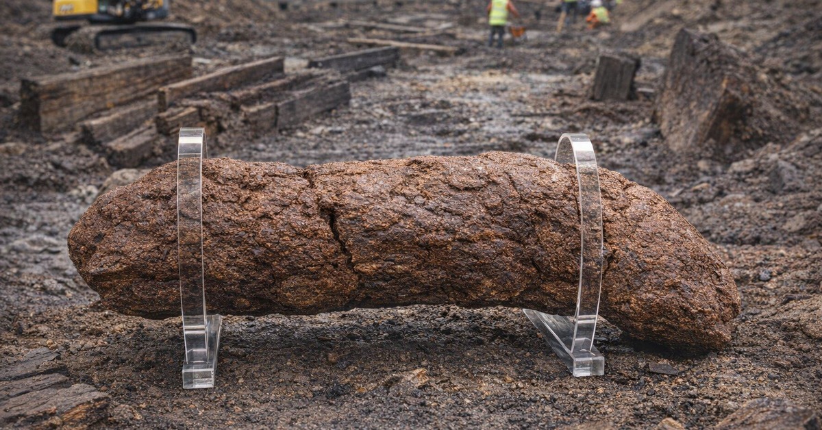 Archaeologist examining ancient coprolite specimen at muddy York dig site close up