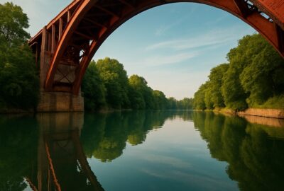 Red steel arch bridge over Thames River flanked by two modern high-rise towers in London Ontario