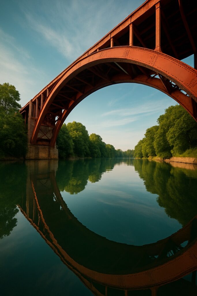 Red steel arch bridge over Thames River flanked by two modern high-rise towers in London Ontario