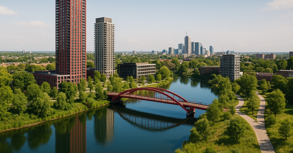 Emerald tree canopy lining the Thames River banks near downtown London Ontario at golden hour