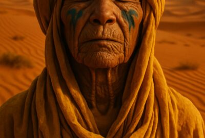 Weathered elder figure with teal facial markings amid vast Saharan sand dunes