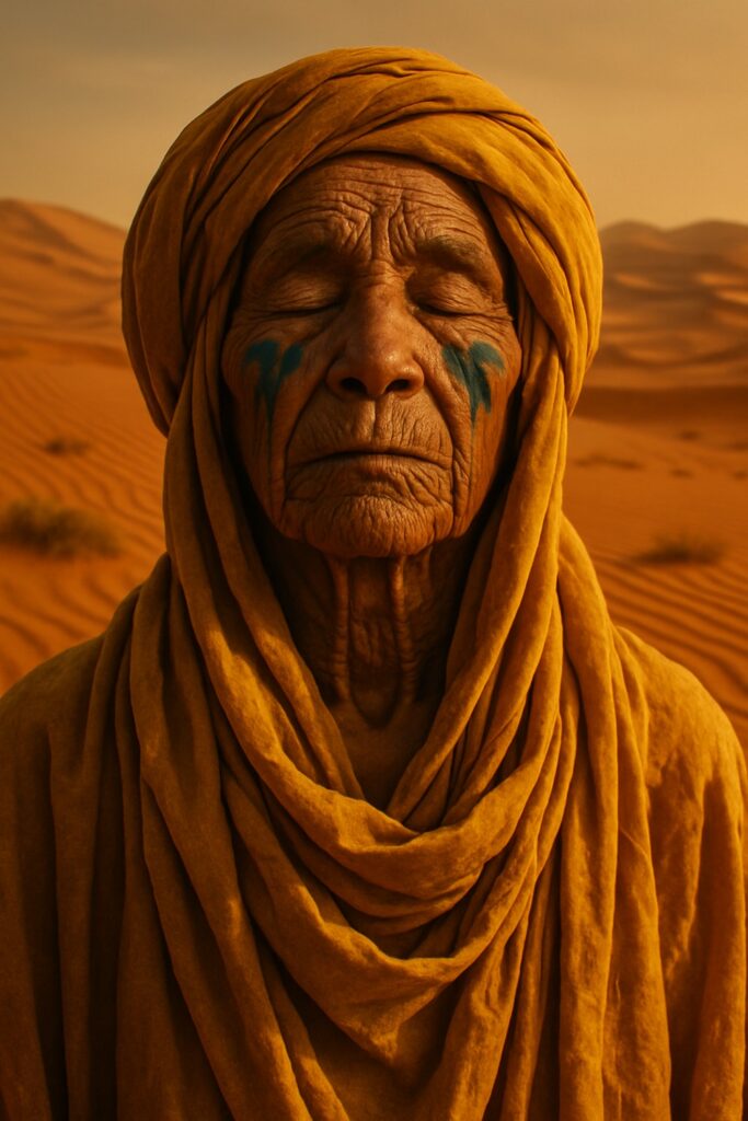 Weathered elder figure with teal facial markings amid vast Saharan sand dunes