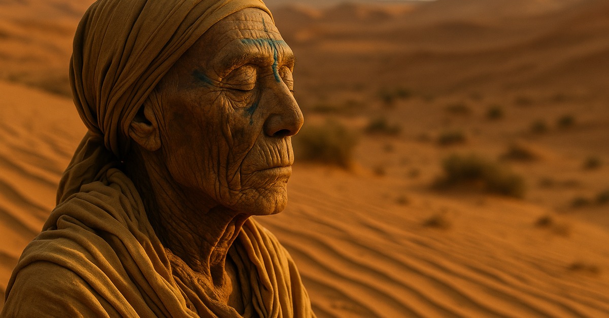 Ancient desert figure draped in ochre fabric viewed from behind sweeping dunes
