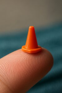 Tiny orange Playmobil traffic cone balanced on a human fingertip showing miniature scale