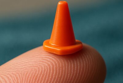 Tiny orange Playmobil traffic cone balanced on a human fingertip showing miniature scale