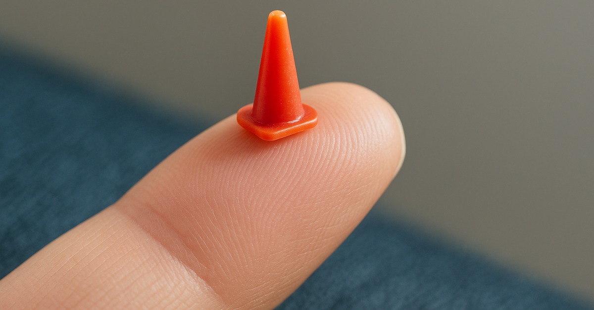 Miniature orange traffic cone resting on fingertip viewed from low side angle