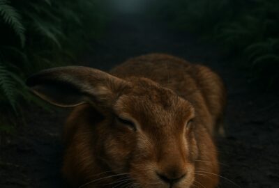Several motionless European brown hares lying along a misty forest dirt trail at dawn