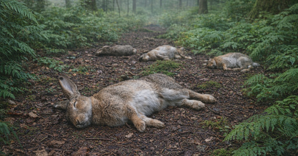 Close overhead view of a still brown hare resting on a mossy forest floor in fog