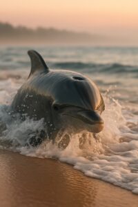 Bottlenose dolphin emerging through shallow surf at dawn on a sandy New Zealand beach