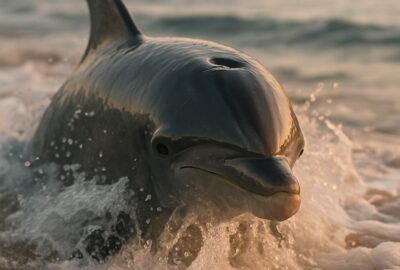 Bottlenose dolphin emerging through shallow surf at dawn on a sandy New Zealand beach