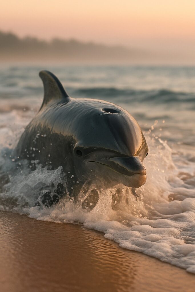 Bottlenose dolphin emerging through shallow surf at dawn on a sandy New Zealand beach