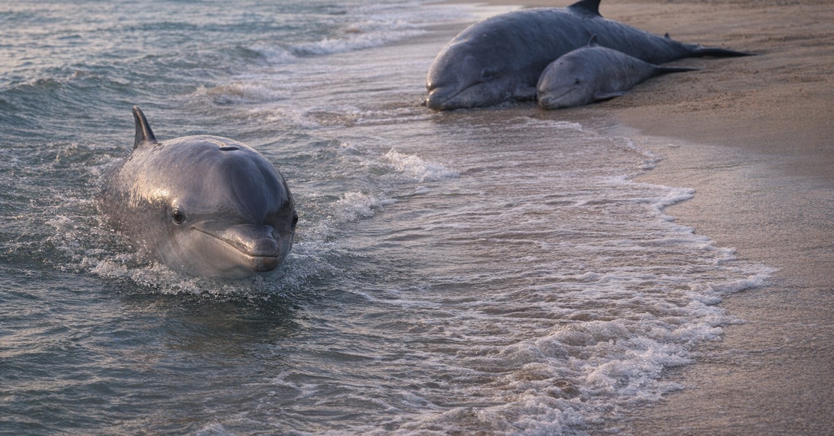 Two dolphins resting in shallow shoreline waves viewed from above at golden hour