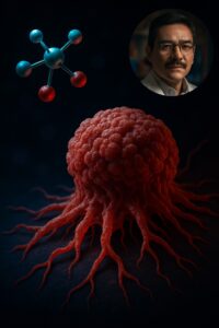 Crimson cancer cell with teal molecular structure floating in dark scientific void