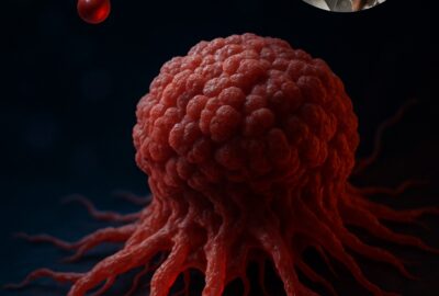 Crimson cancer cell with teal molecular structure floating in dark scientific void