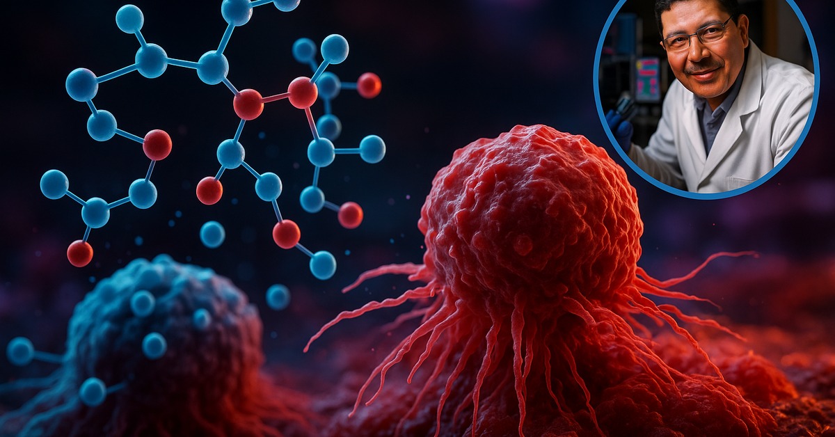 Close-up of glowing molecular ball-and-stick model against deep navy laboratory background