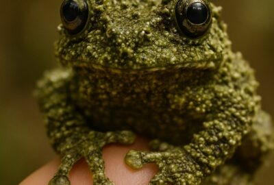 Mossy tree frog with heavily textured bumpy skin perched on a human fingertip