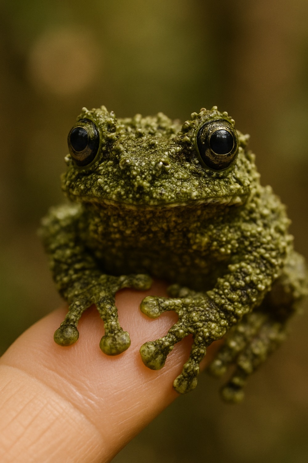 Mossy tree frog with heavily textured bumpy skin perched on a human fingertip