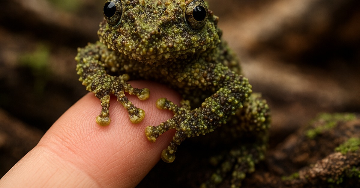 Close-up side profile of Vietnamese mossy frog showing lumpy olive-green skin texture