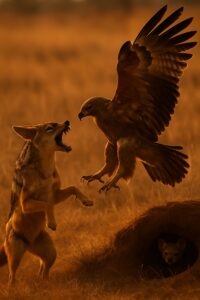 Black-backed jackal rearing up confronting a tawny eagle on African savanna at golden hour