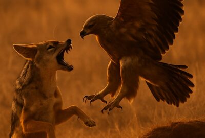 Black-backed jackal rearing up confronting a tawny eagle on African savanna at golden hour