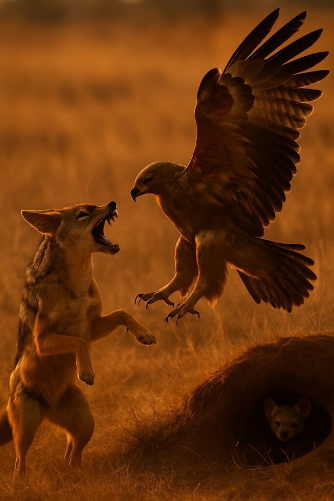 Black-backed jackal rearing up confronting a tawny eagle on African savanna at golden hour