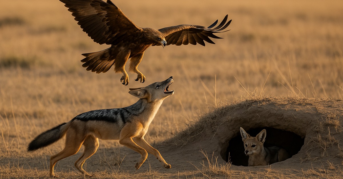 Mother jackal nudging rescued pup near earthen den burrow in Maasai Mara grassland