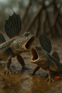 Two mudskippers facing each other in territorial display on tidal mudflat