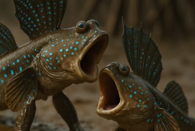 Two mudskippers facing each other in territorial display on tidal mudflat