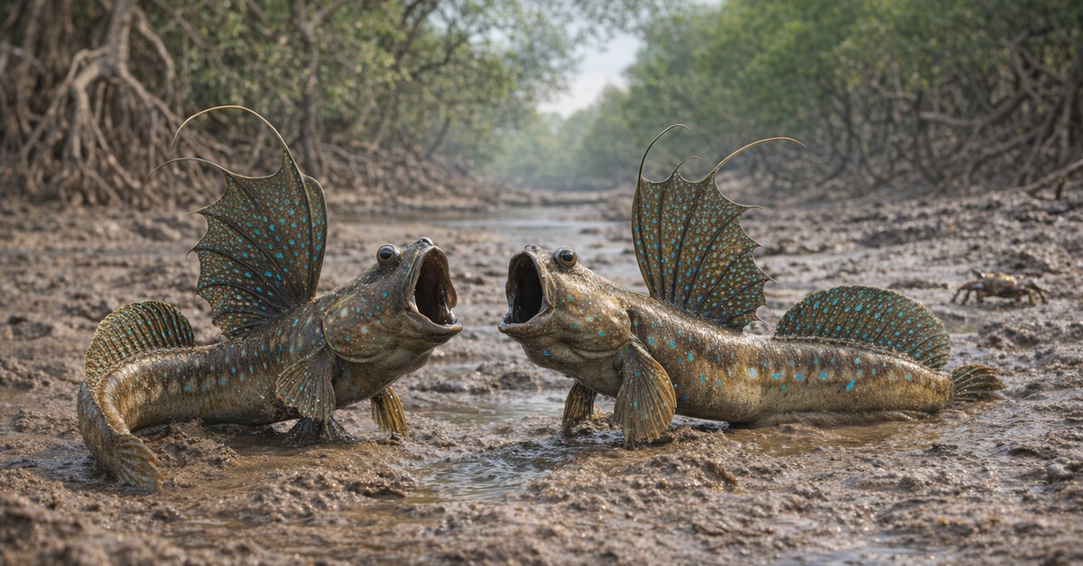 Mudskipper propped on pectoral fins with erect dorsal fin in mangrove estuary
