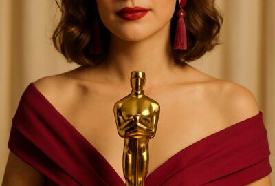 Young woman in magenta gown holding gold Oscar statuette at awards press room