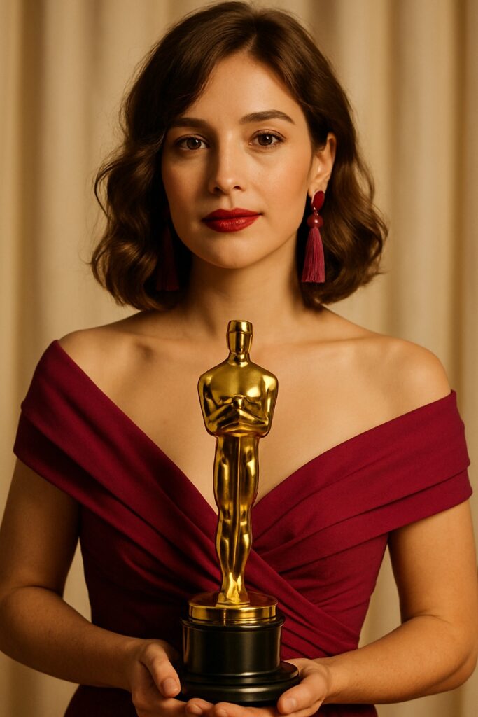 Young woman in magenta gown holding gold Oscar statuette at awards press room