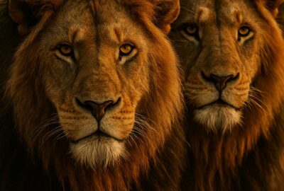 Two majestic male lions with full dark manes standing side by side on golden savanna