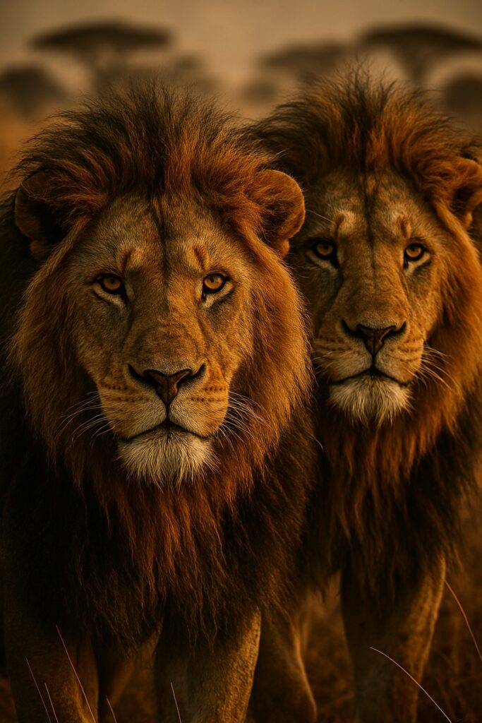 Two majestic male lions with full dark manes standing side by side on golden savanna