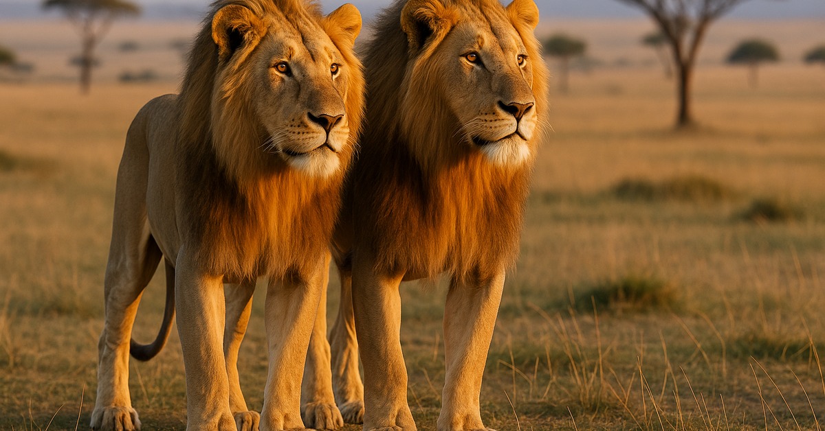 Pair of dominant male lions surveying vast African savanna at golden hour from behind
