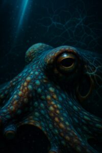 A vivid close-up of an octopus eye surrounded by shifting neural light patterns underwater
