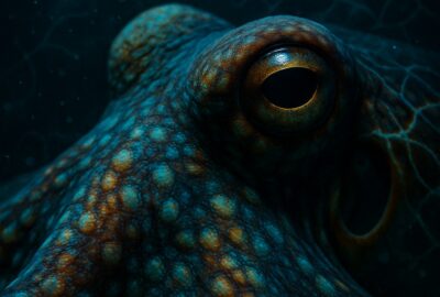 A vivid close-up of an octopus eye surrounded by shifting neural light patterns underwater