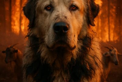 Great Pyrenees dog stands guard over goats and deer as wildfire rages behind them