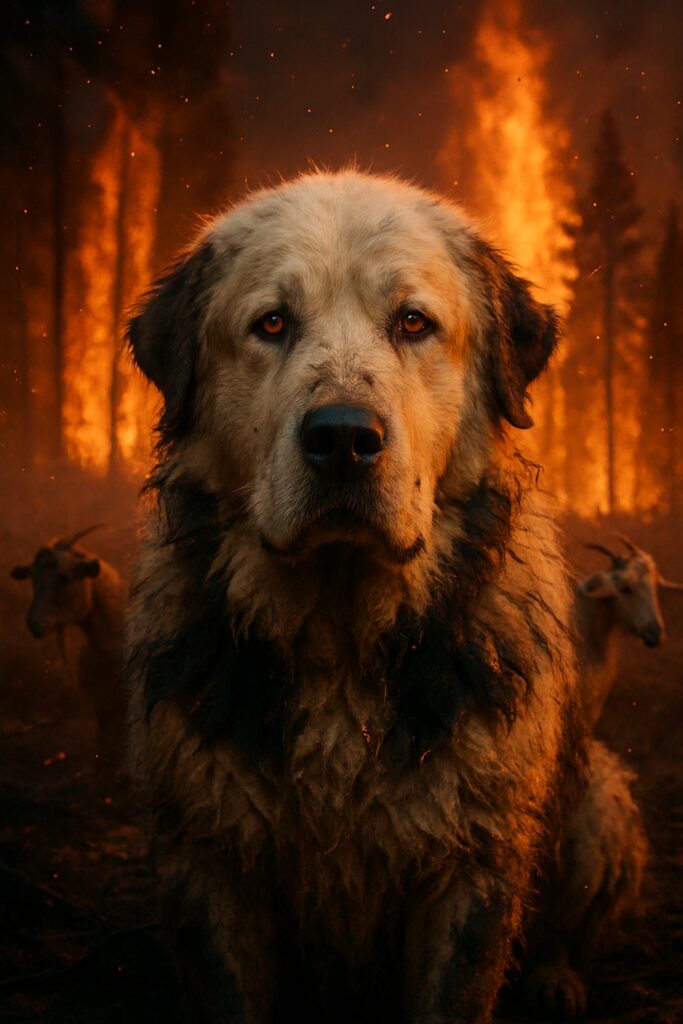 Great Pyrenees dog stands guard over goats and deer as wildfire rages behind them