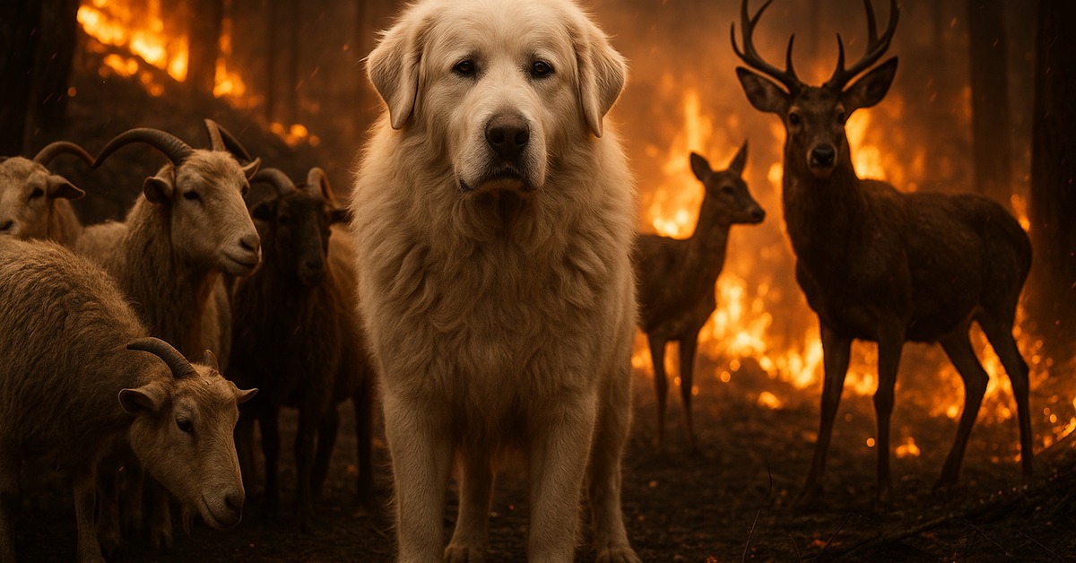Singed white ranch dog watches over huddled fawns and goats near a water trough